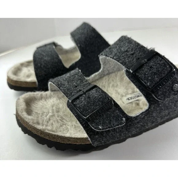 Birkenstock Arizona Shearling Sandal Charcoal Gray Cork Suede Women's 39 Size 8 - Picture 5 of 16